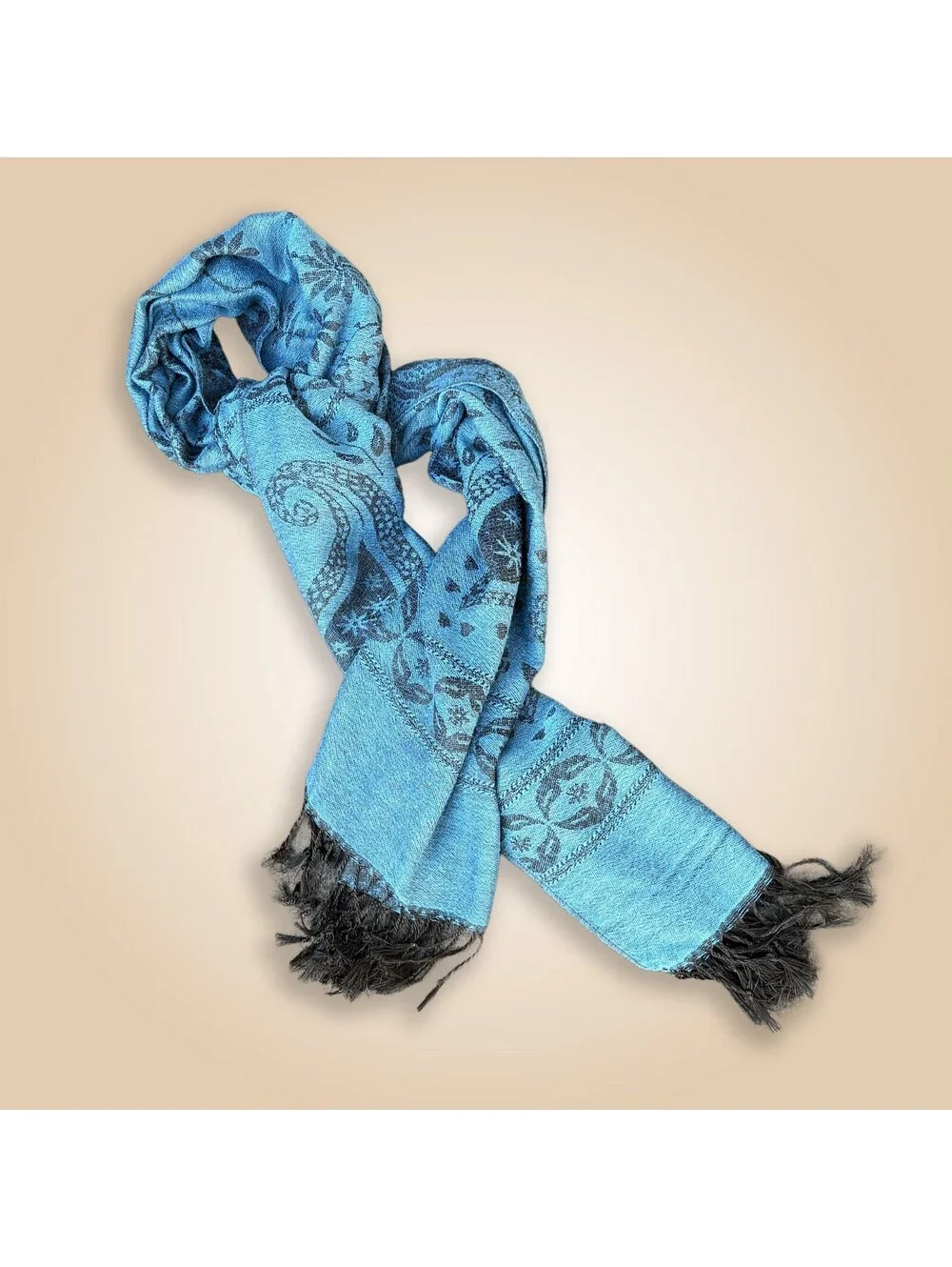 Blue and Black Paisley Pattern Acrylic Scarf with Fringe